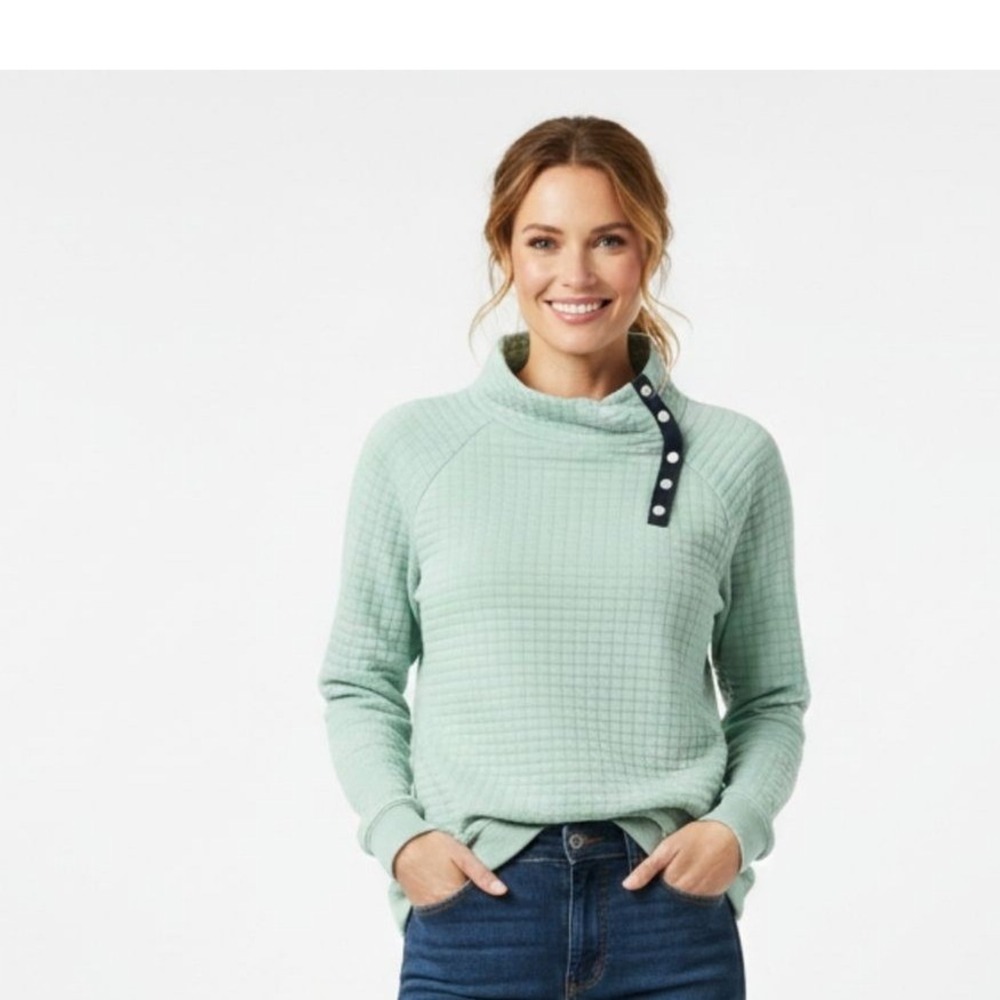 T by Talbots Quilted Pullover Women Large Green Excellent Funnel Neck Snap 10467